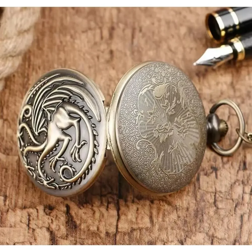 Three Headed Dragon Pocket Watch Necklace Brass Color Fantasy Pendant Chain